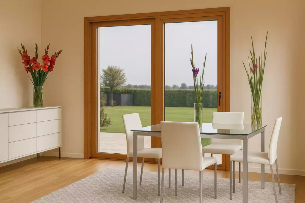 salon avec une fenetre coulissant en bois