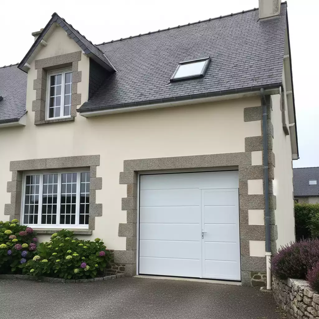 Porte de garage basculante avec portillon dans la maison des années 80 à Betton