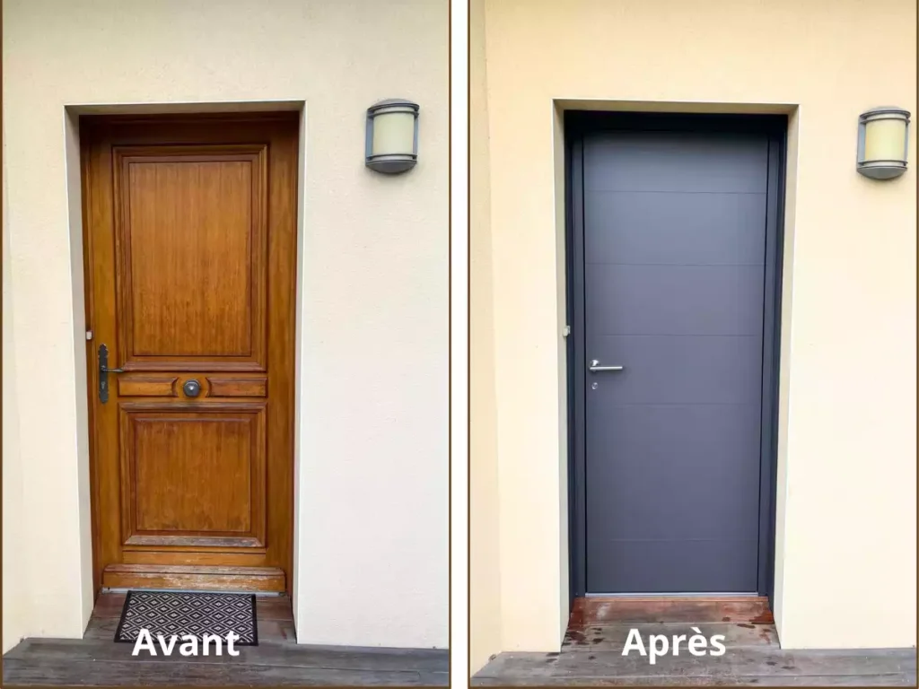 Porte d'entrée pleine en aluminium, marque française K-Line, modèle Canopée, pose artisanale à Rennes , avant-après