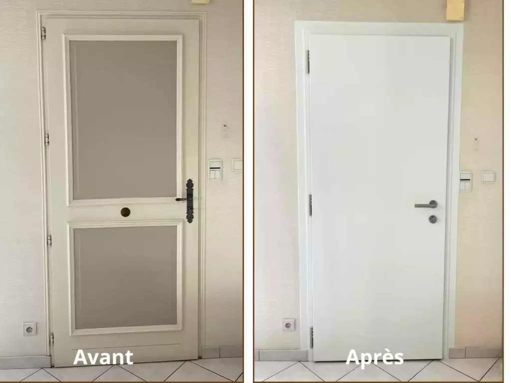 Porte d'entrée pleine en aluminium, marque française K-Line, modèle Canopée, pose artisanale à Rennes , avant-après