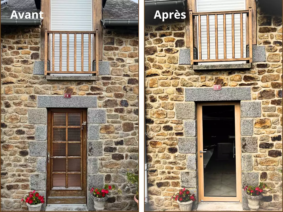 Porte d’entrée vitrée aluminium installée à La Chapelle-aux-Filtzméens, façade en pierre, octobre 2025, avant après