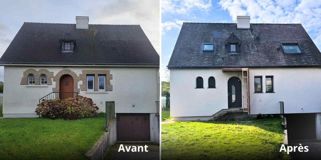Avant / Après rénovation à Rennes : nouvelles fenêtres et baies vitrées bois-alu MéO posées par Artimob Menuiserie.