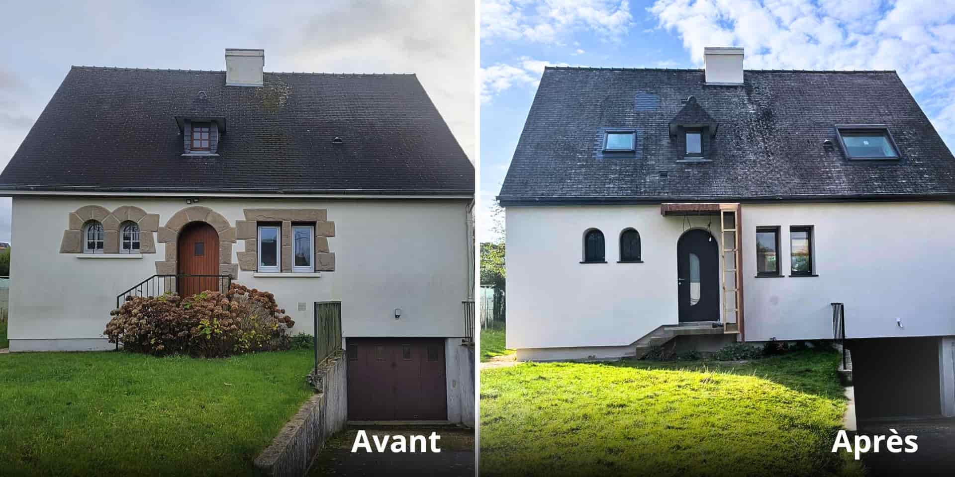 Avant / Après rénovation à Rennes : nouvelles fenêtres et baies vitrées bois-alu MéO posées par Artimob Menuiserie.
