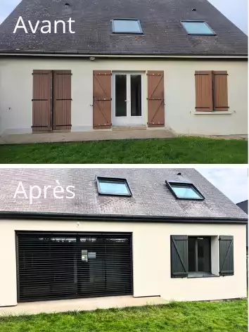 Avant / Après rénovation à Rennes : nouvelles fenêtres et baies vitrées bois-alu MéO posées par Artimob Menuiserie.