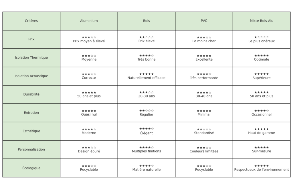 Tableau comparatif des matériaux pour fenêtres : aluminium, bois, PVC, mixte bois-alu