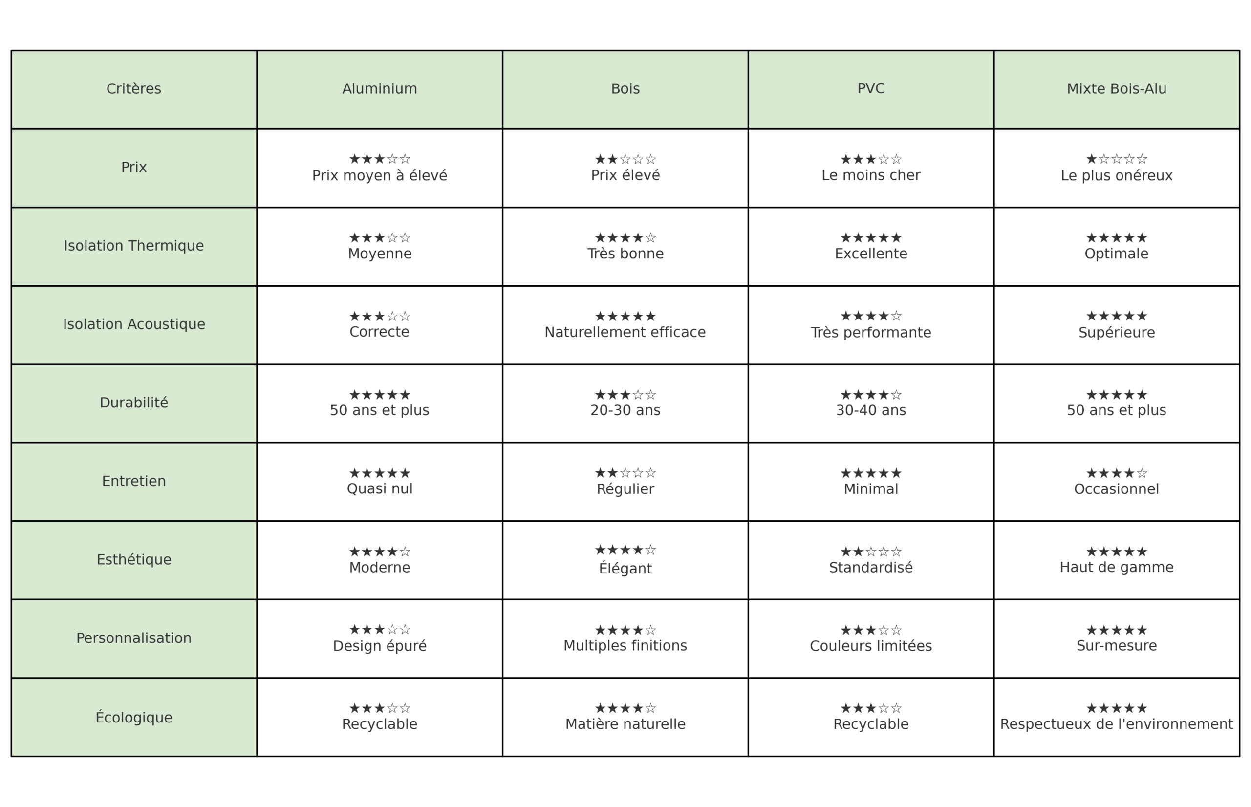 Tableau comparatif des matériaux pour fenêtres : aluminium, bois, PVC, mixte bois-alu