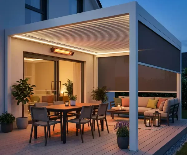 pergola bioclimatique avec un store et un chaufage infrarouge_Rennes pergola bioclimatique avec un store et un chauffage infrarouge, en aluminium blanc, installée à Rennes