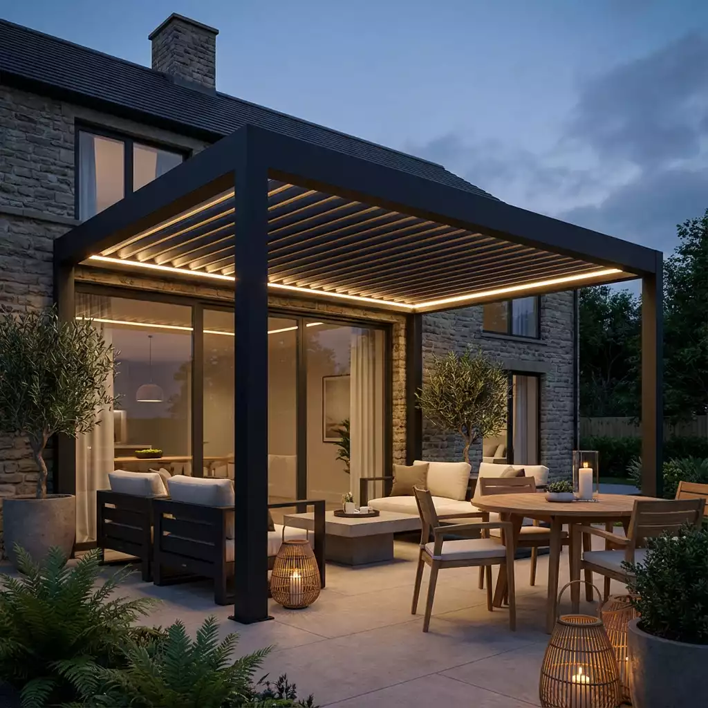 Pergola bioclimatique adossée installée à rennes, lumière led