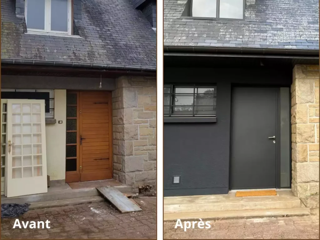 Porte d’entrée aluminium noire modèle Canopée installée à Pacé – rénovation complète de façade avec Artimob Menuiserie (avant / après).