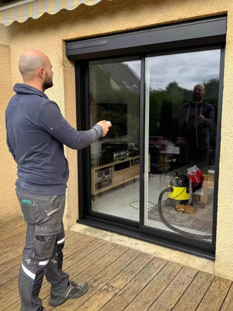 artisan local installe une fenêtres avec volet roulant